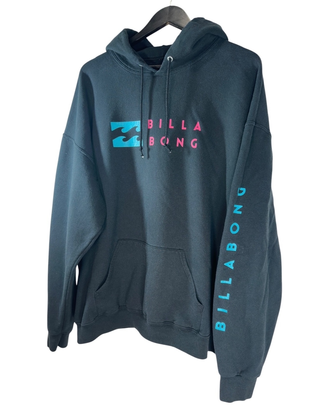 Billabong Hoodie Men’s XXL Black Pink Blue Logo Sleeve Spellout Pullover